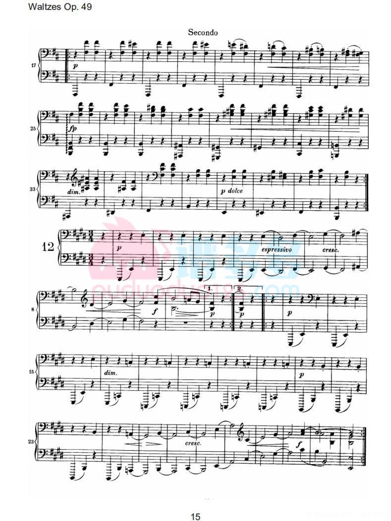 约翰内斯·勃拉姆斯《十六首华尔兹，Op. 39》钢琴四手连弹曲谱第15张