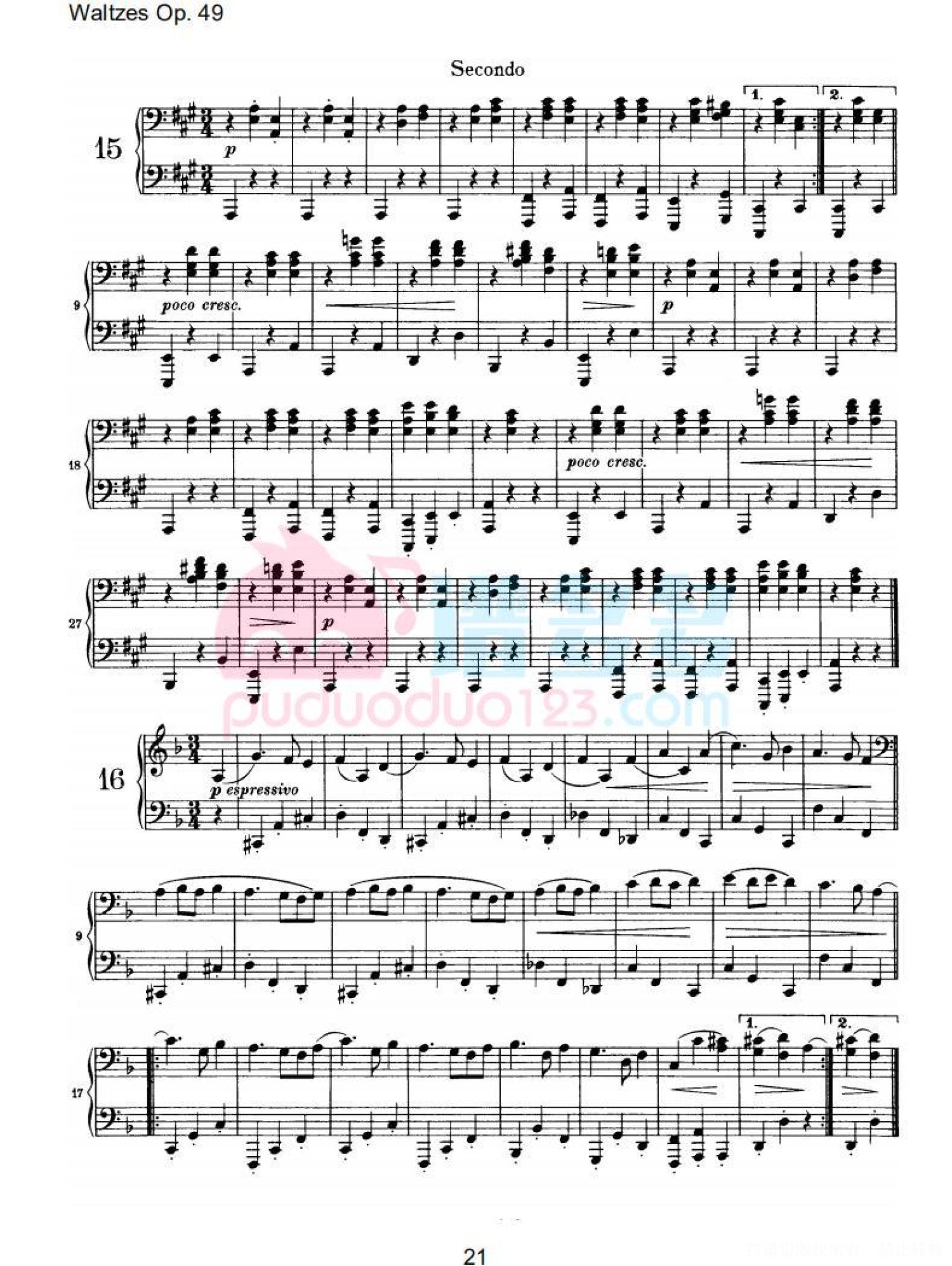 约翰内斯·勃拉姆斯《十六首华尔兹，Op. 39》钢琴四手连弹曲谱第21张