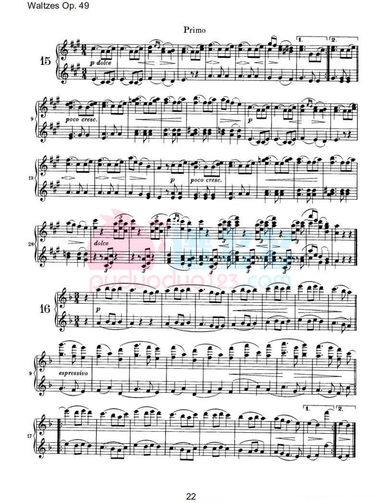 约翰内斯·勃拉姆斯《十六首华尔兹，Op. 39》钢琴四手连弹曲谱第22张