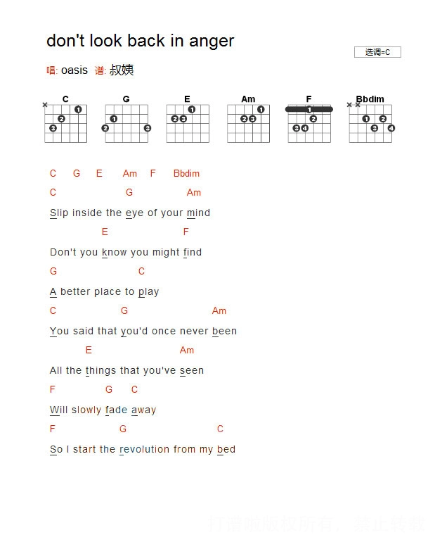 Oasis《don't look back in anger》吉他谱_C调吉他弹唱谱_和弦谱第1张