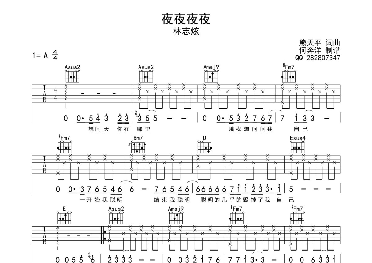 林志炫《夜夜夜夜》吉他谱_A调吉他弹唱谱第1张