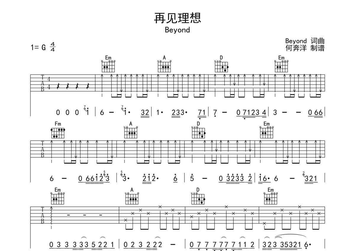 Beyond《再见理想》吉他谱_G调吉他弹唱谱第1张