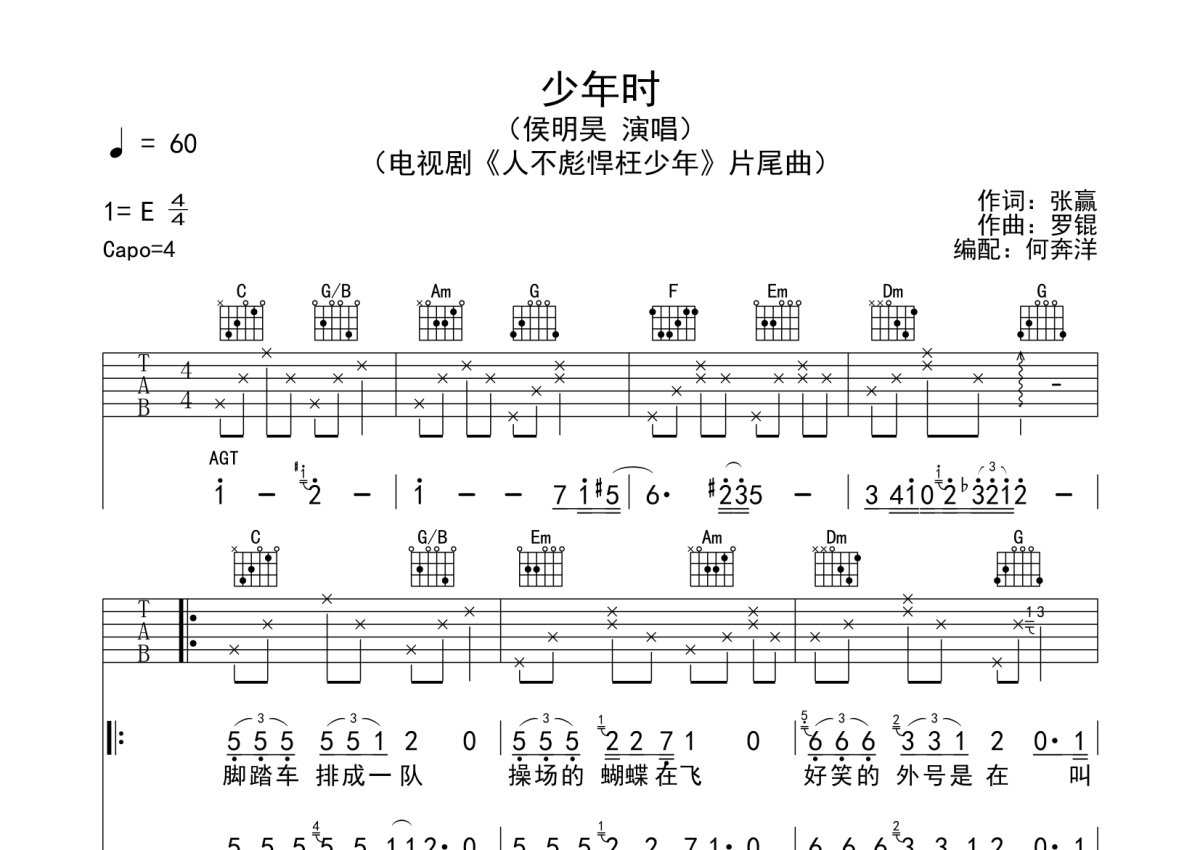 侯明昊《少年时》吉他谱_C调吉他弹唱谱第1张