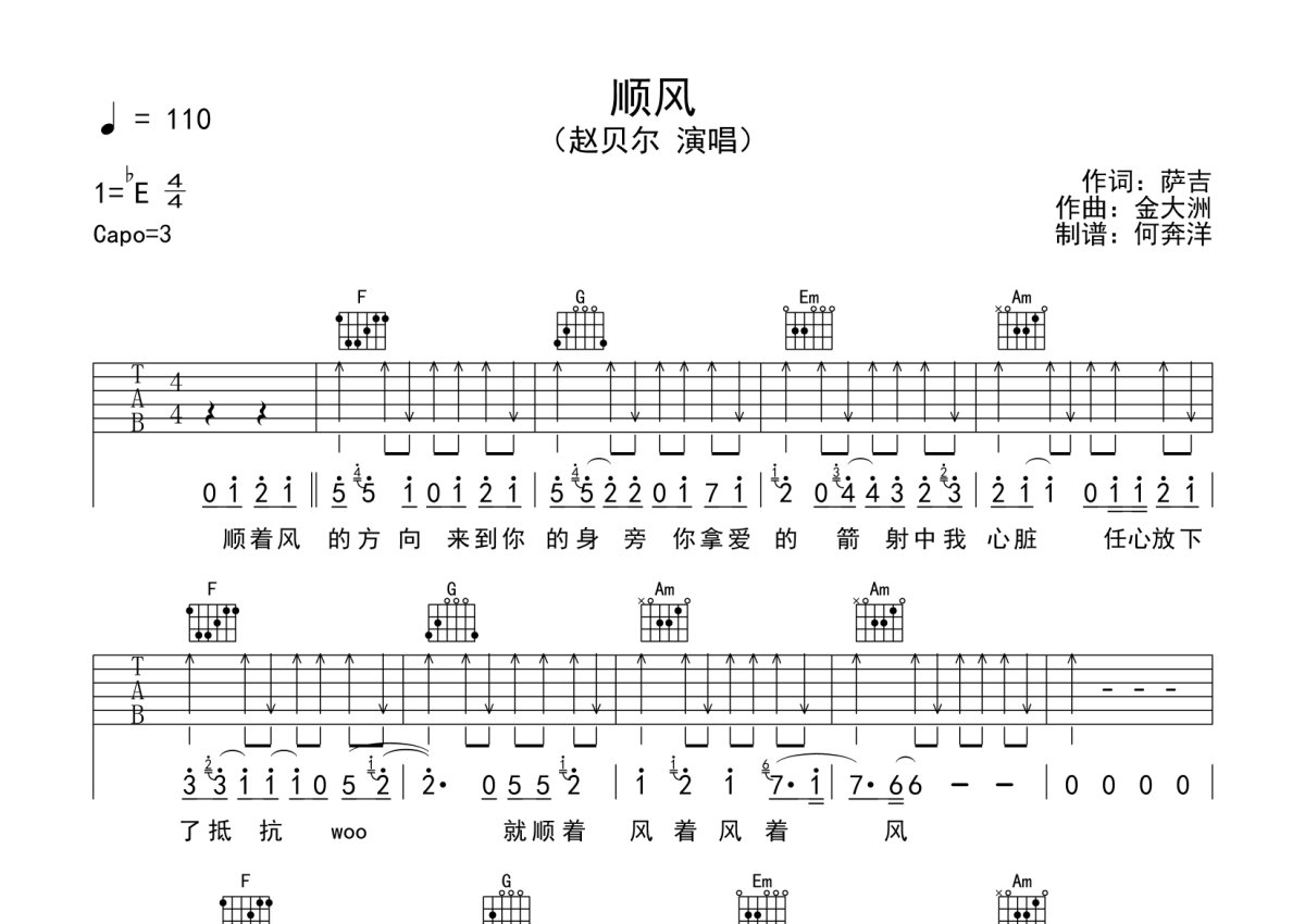 赵贝尔《顺风》吉他谱_C调吉他弹唱谱第1张