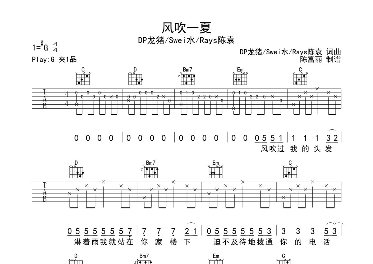 DP龙猪/Swei水/Rays陈袁《风吹一夏》吉他谱_G调吉他弹唱谱第1张