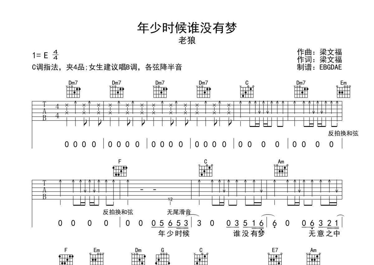 老狼《年少时候谁没有梦》吉他谱_E调吉他弹唱谱第1张