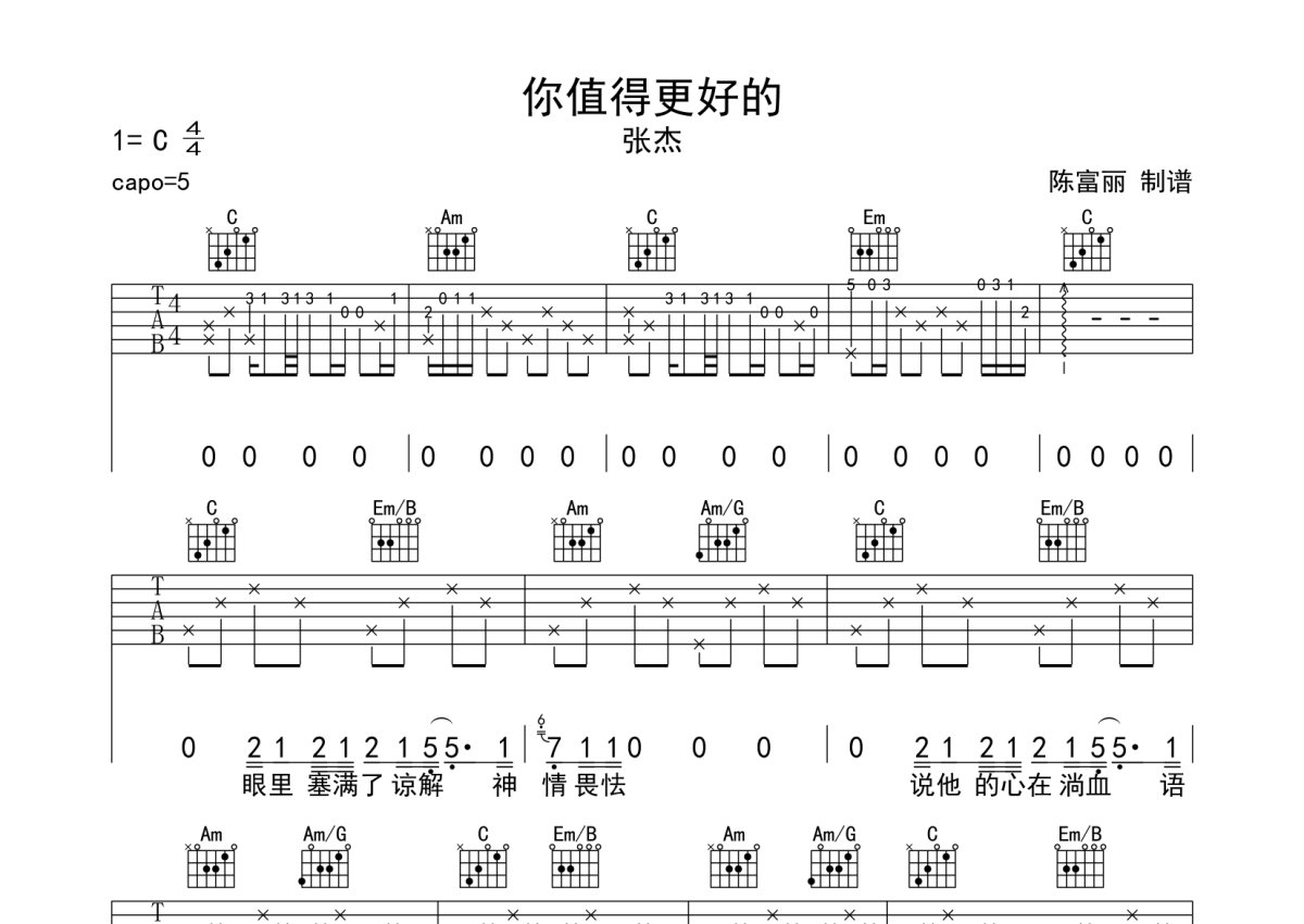 张杰《你值得更好的》吉他谱_C调吉他弹唱谱第1张