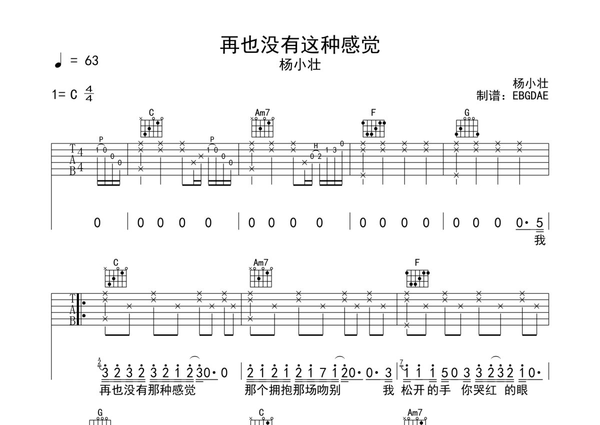 杨小壮《再也没有这种感觉》吉他谱_C调吉他弹唱谱第1张