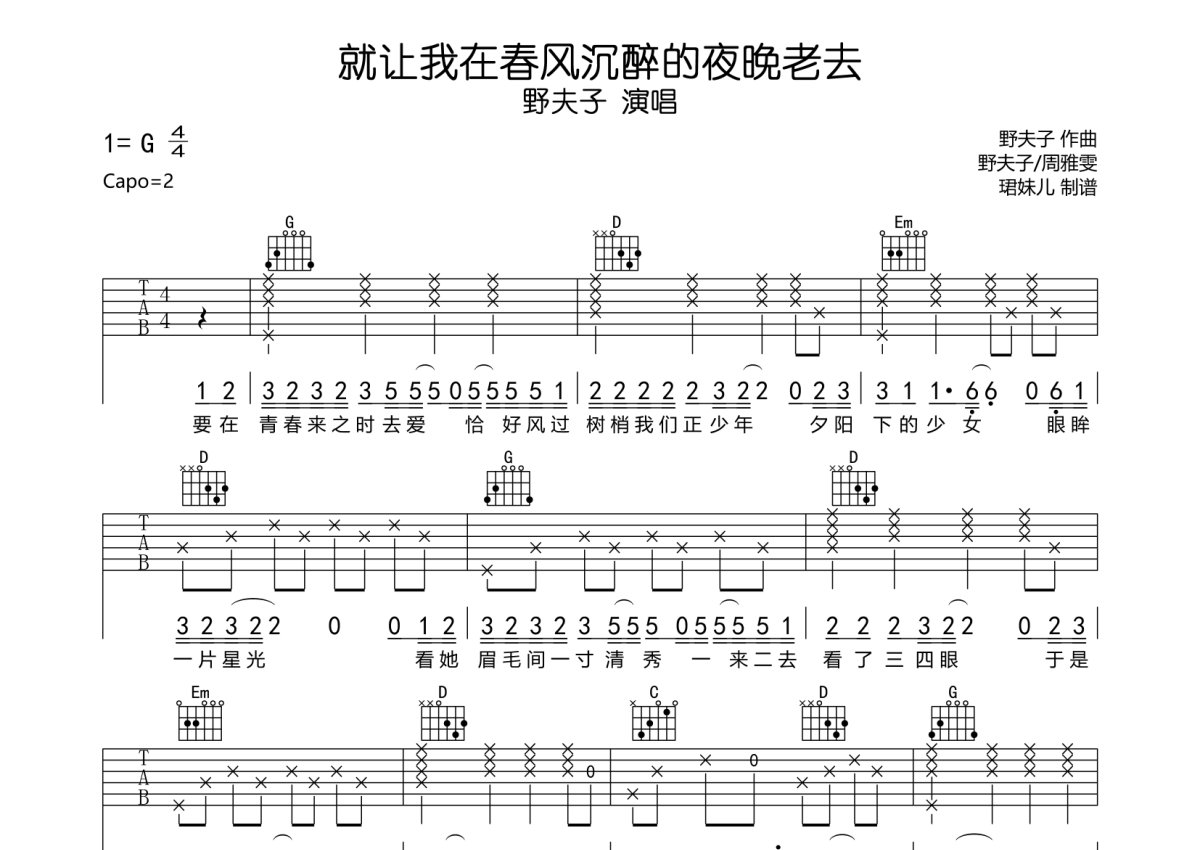 野夫子《就让我在春风沉醉的夜晚老去》吉他谱_G调吉他弹唱谱第1张