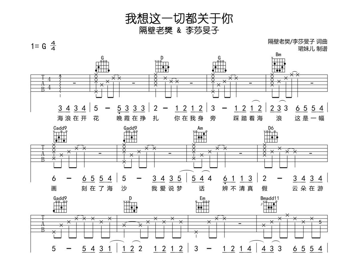 隔壁老樊/李莎旻子《我想这一切都关于你》吉他谱_G调吉他弹唱谱第1张