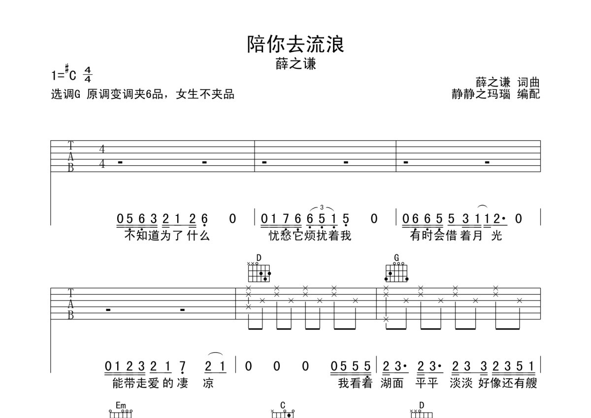 薛之谦《陪你去流浪》吉他谱_G调吉他弹唱谱第1张