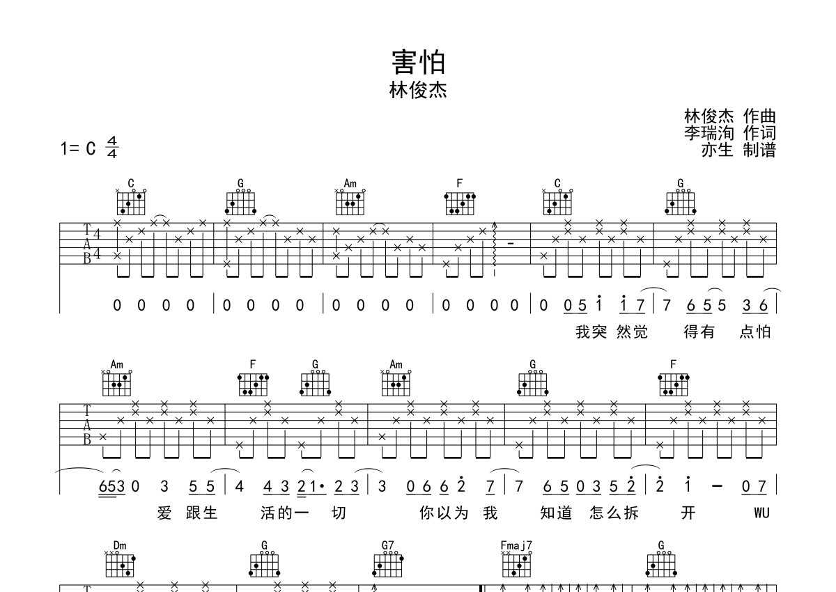 林俊杰《害怕》吉他谱_C调吉他弹唱谱第1张