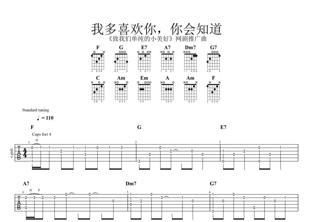 《致我们单纯的小美好》网剧推广曲《我多喜欢你，你会知道》吉他谱_吉他独奏谱_简单易学版第1张