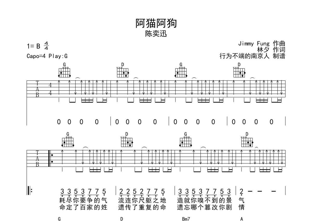 陈奕迅《阿猫阿狗》吉他谱_G调吉他弹唱谱第1张