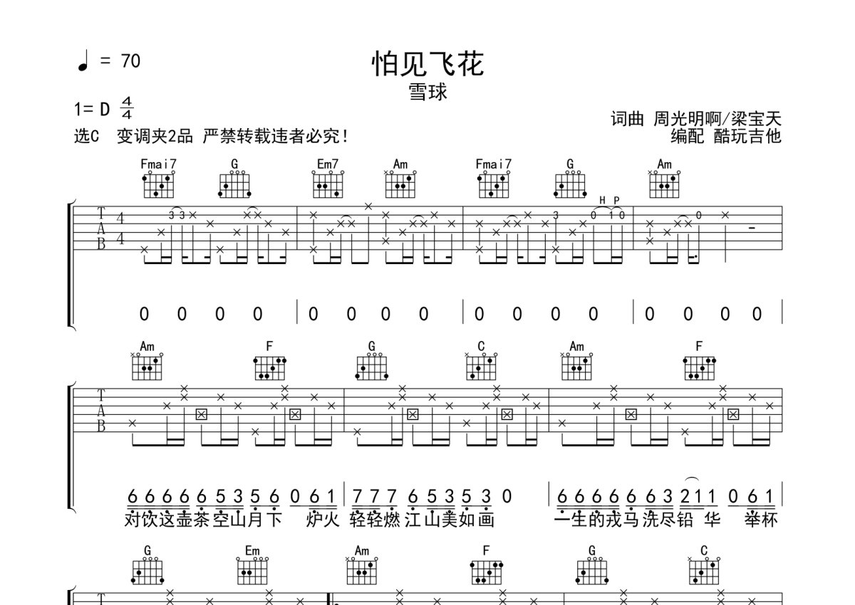 雪球《怕见飞花》吉他谱_C调吉他弹唱谱第1张