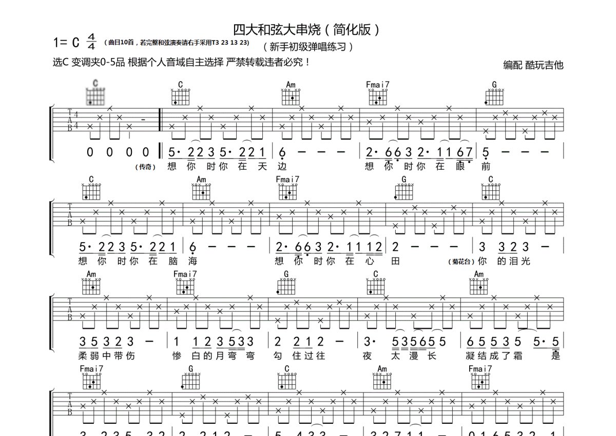 新手初级弹唱《四大和弦大串烧》吉他谱_C调吉他弹唱谱_适合初学者和弦简化版第1张