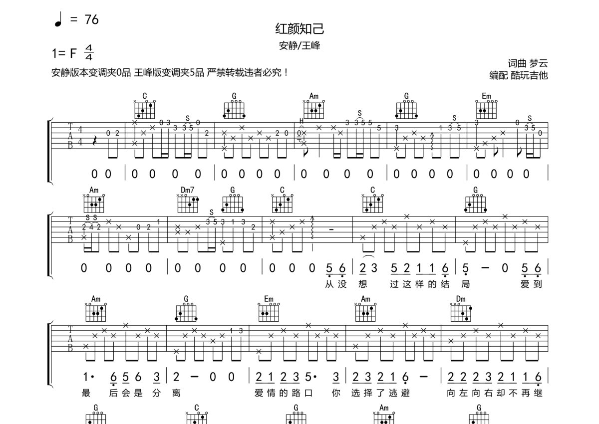 安静/王峰《红颜知己》吉他谱_C调吉他弹唱谱第1张
