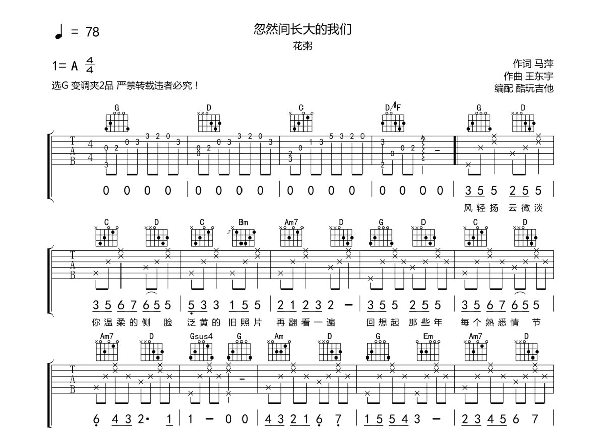 花粥《忽然间长大的我们》吉他谱_G调吉他弹唱谱第1张