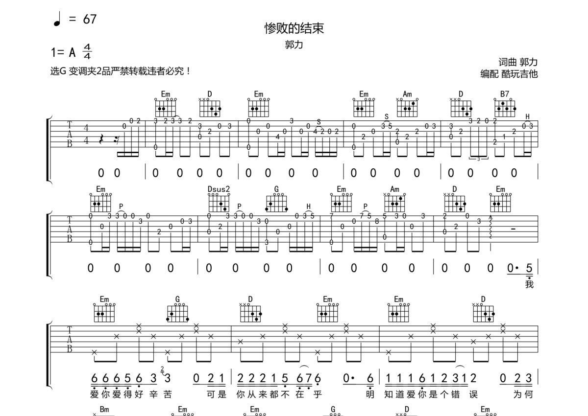 郭力《惨败的结束》吉他谱_G调吉他弹唱谱第1张