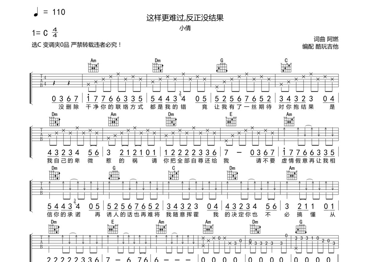 小倩《这样更难过反正没结果》吉他谱_C调吉他弹唱谱第1张