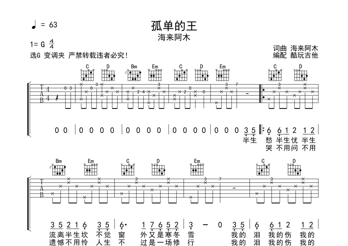 海来阿木《孤单的王》吉他谱_G调吉他弹唱谱第1张