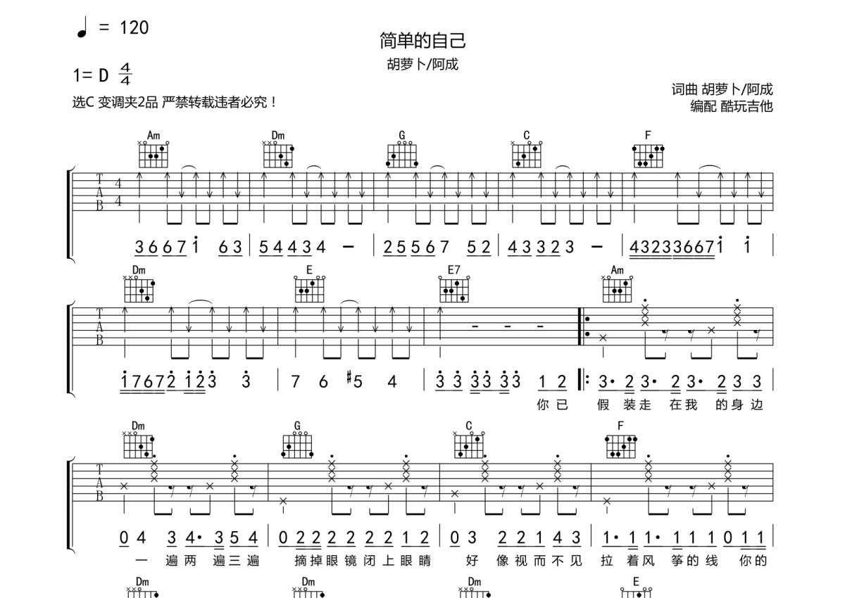 胡萝卜/阿成尹《简单的自己》吉他谱_C调吉他弹唱谱第1张