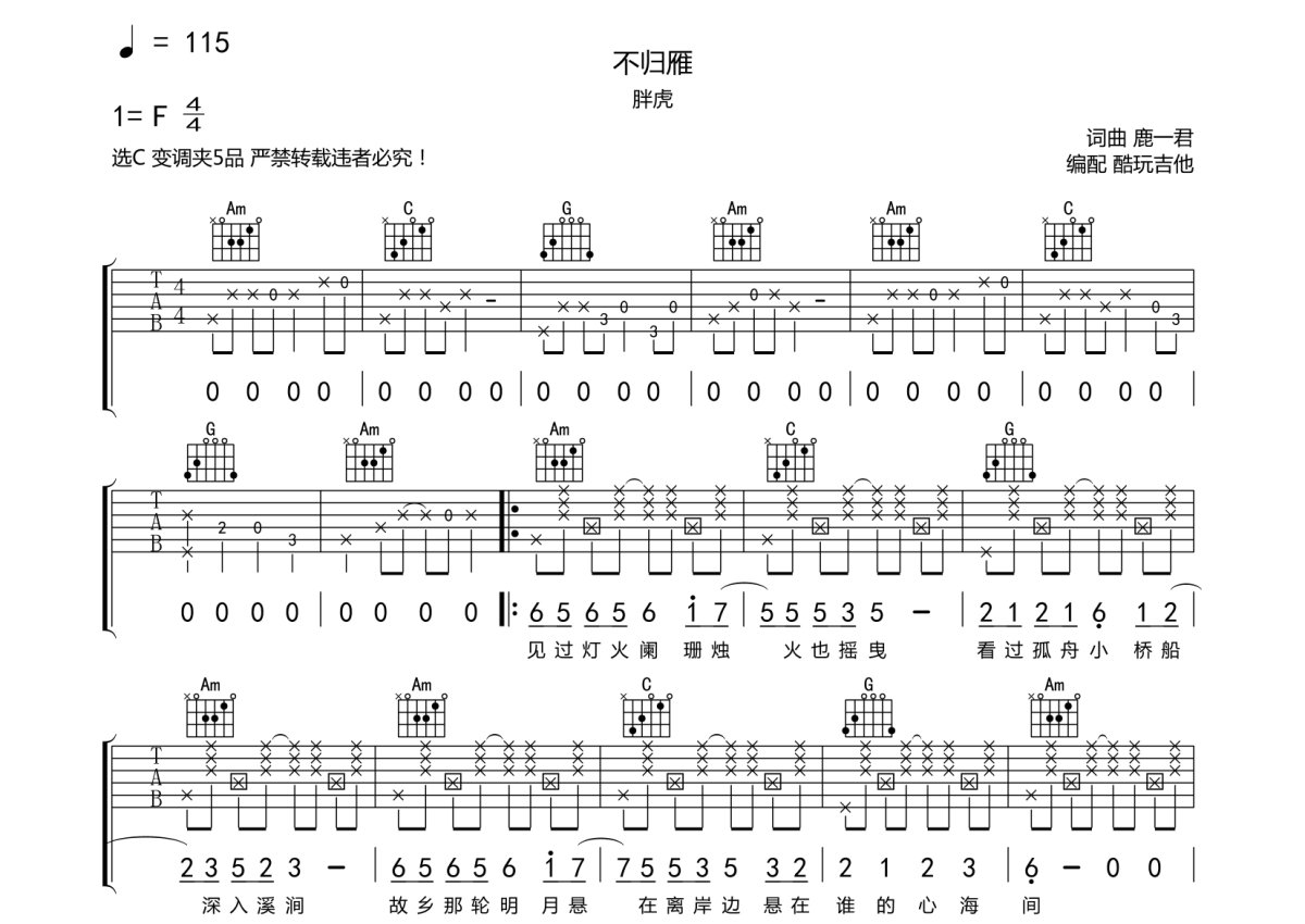 胖虎《不归雁》吉他谱_C调吉他弹唱谱第1张