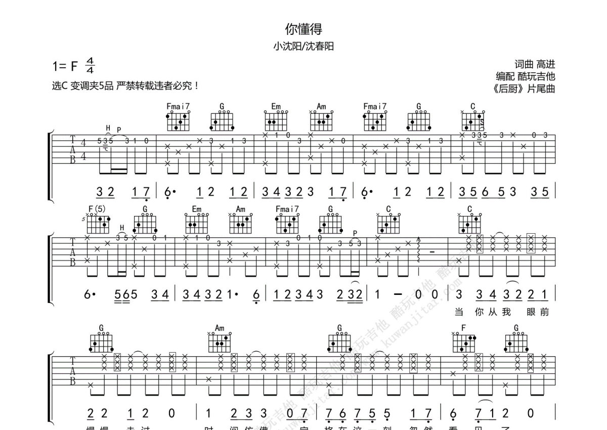 小沈阳/沈春阳《你懂得》吉他谱_C调吉他弹唱谱第1张