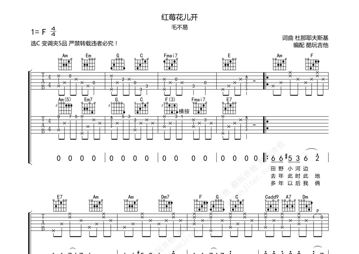 毛不易《红莓花儿开》吉他谱_C调吉他弹唱谱第1张