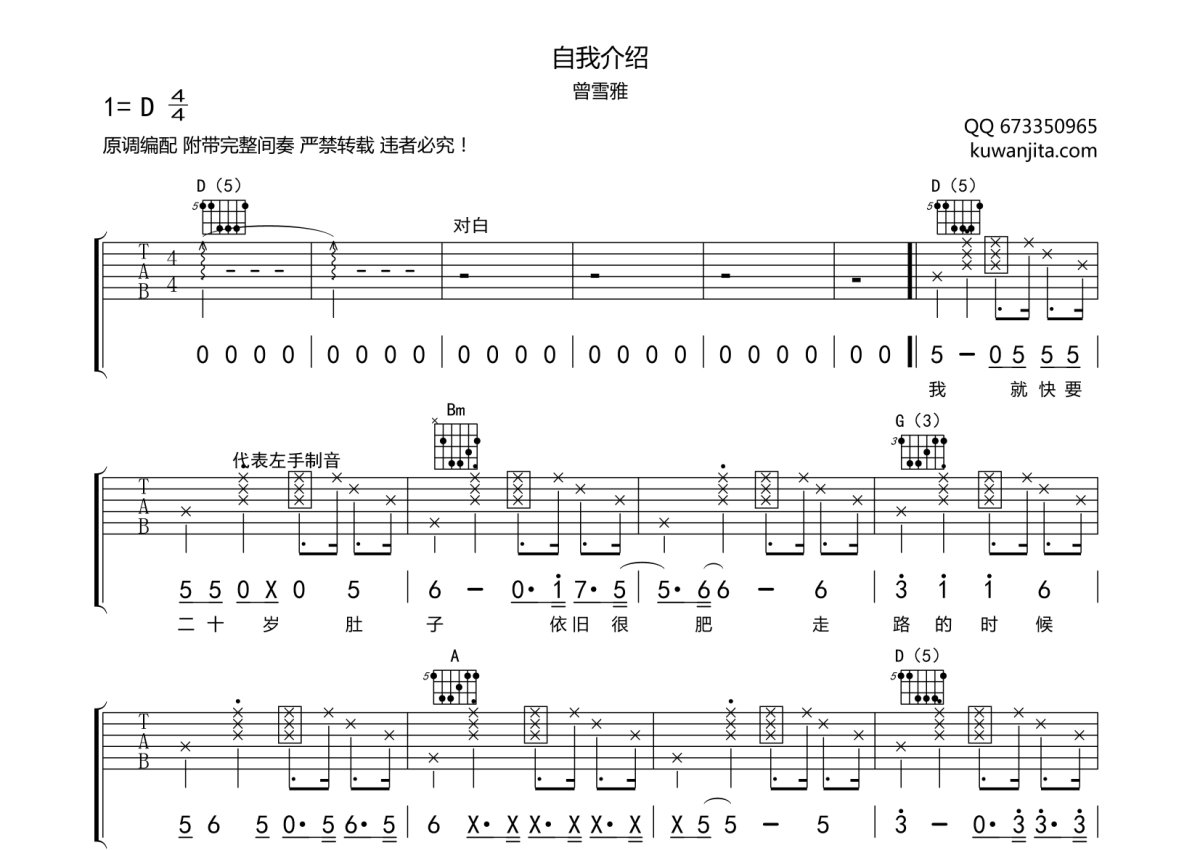 曾雪雅《自我介绍》吉他谱_D调吉他弹唱谱第1张