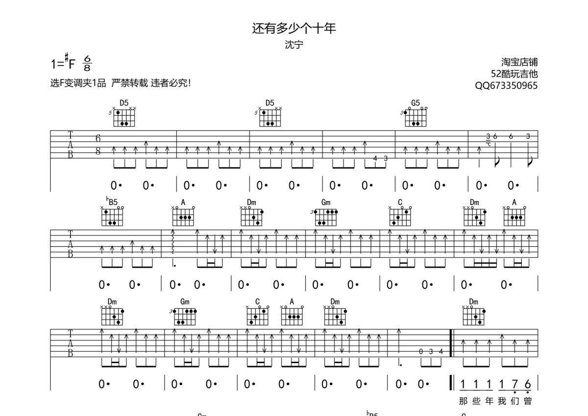 沈宁《还有多少个十年》吉他谱_F调吉他弹唱谱第1张