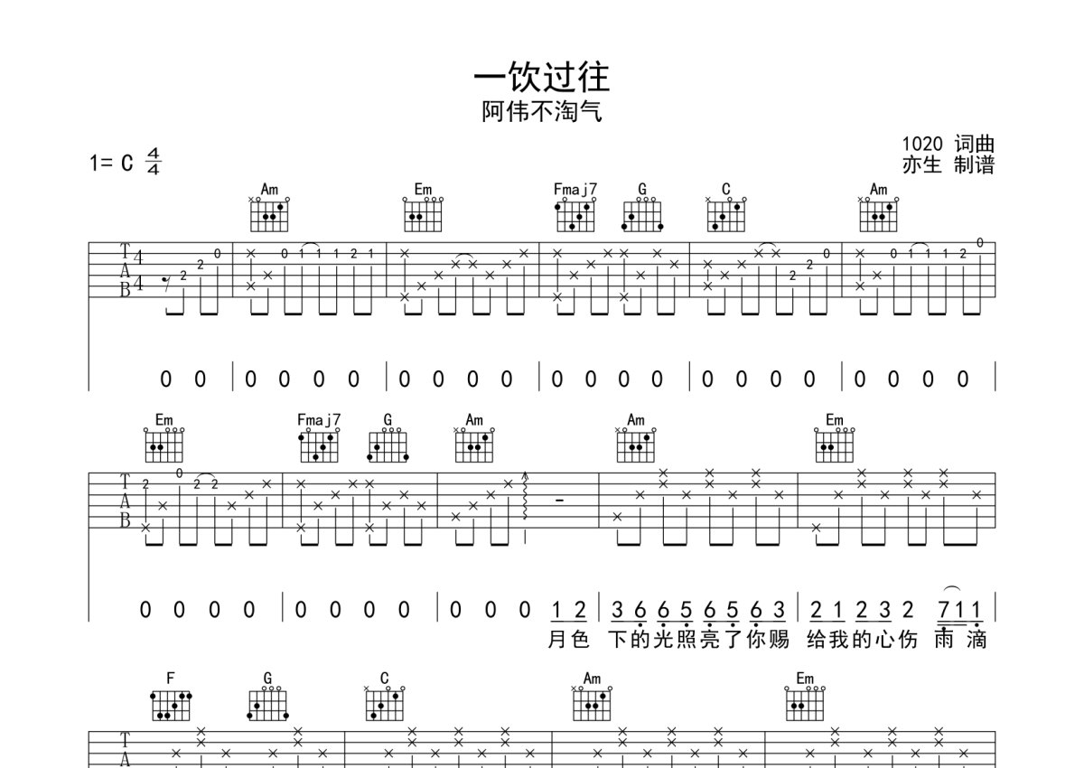 阿伟不淘气《一饮过往》吉他谱_C调吉他弹唱谱第1张