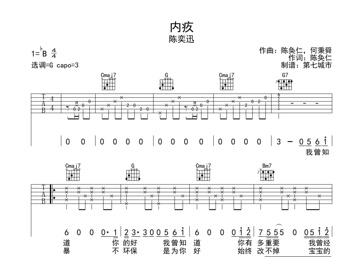 陈奕迅《内疚》吉他谱_G调吉他弹唱谱第1张