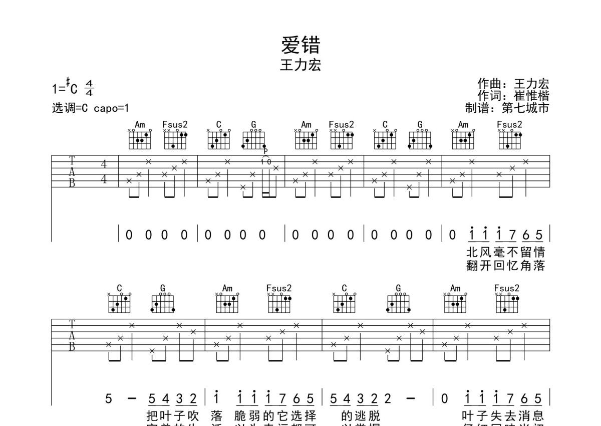 王力宏《爱错》吉他谱_吉他弹唱谱第1张