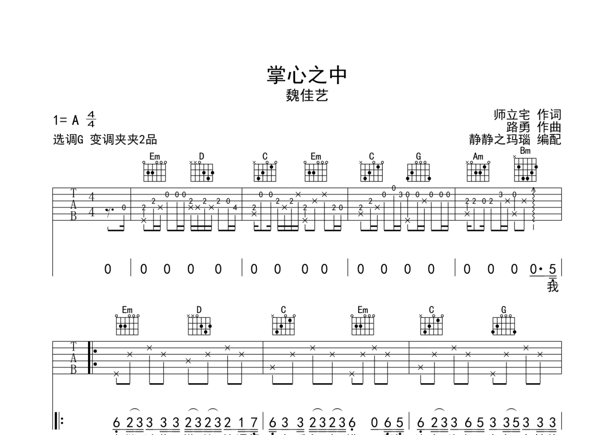 魏佳艺《掌心之中》吉他谱_G调吉他弹唱谱第1张