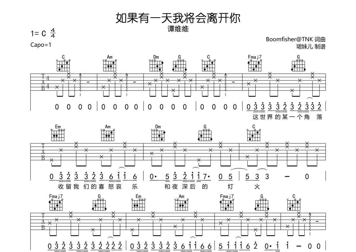 谭维维《如果有一天我将会离开你》吉他谱_C调吉他弹唱谱第1张