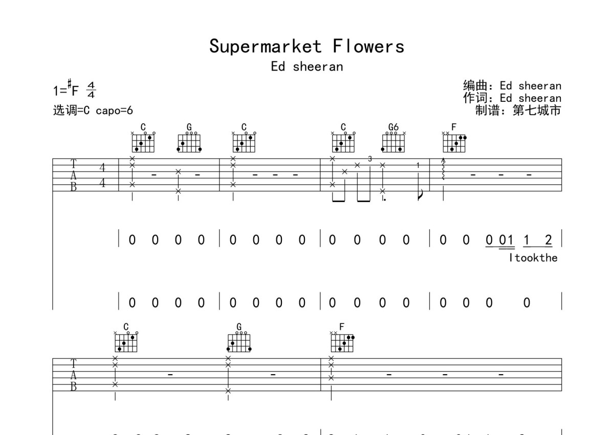 Ed sheeran《Supermarket Flowers》吉他谱_C调吉他弹唱谱第1张