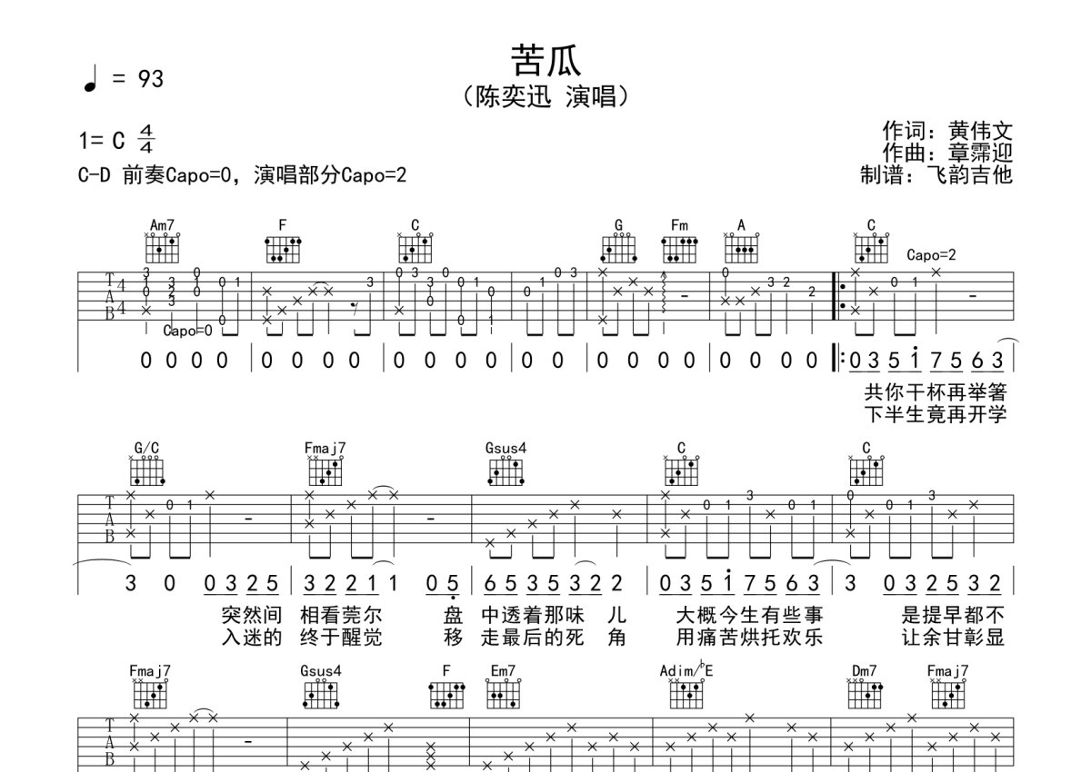 陈奕迅《苦瓜》吉他谱_D调吉他弹唱谱第1张