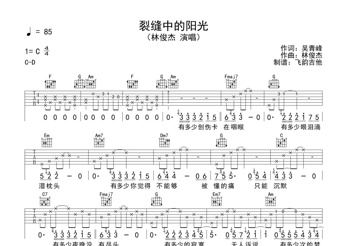 林俊杰《裂缝中的阳光》吉他谱_C调吉他弹唱谱第1张