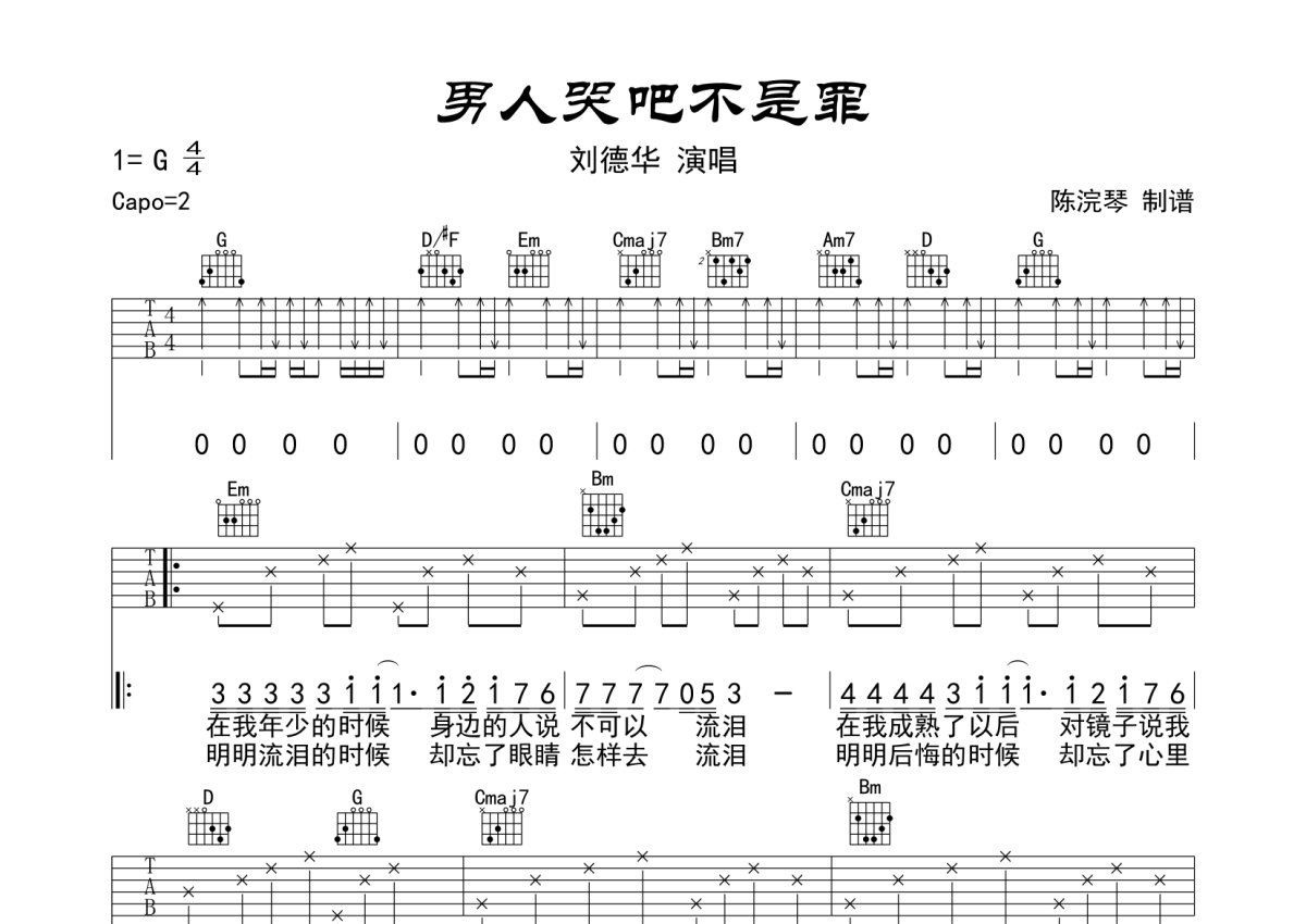 刘德华《男人哭吧不是罪》吉他谱_G调吉他弹唱谱第1张