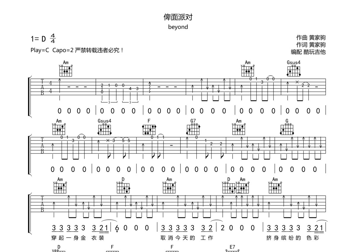 Beyond《俾面派对》吉他谱_C调吉他弹唱谱第1张