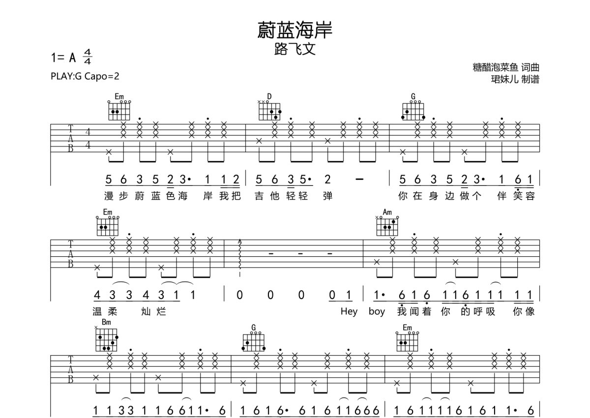 路飞文《蔚蓝海岸》吉他谱_G调吉他弹唱谱第1张