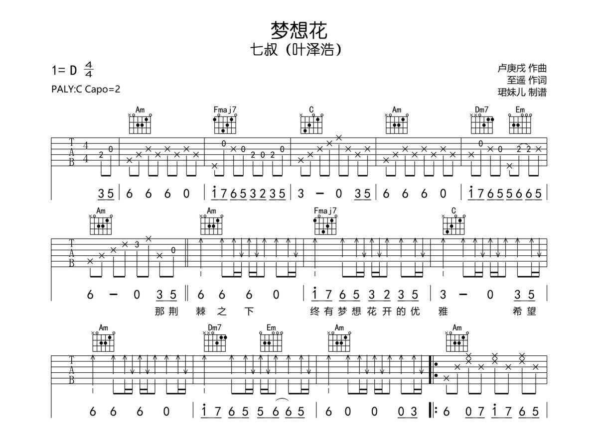 七叔（叶泽浩）《梦想花》吉他谱_C调吉他弹唱谱第1张