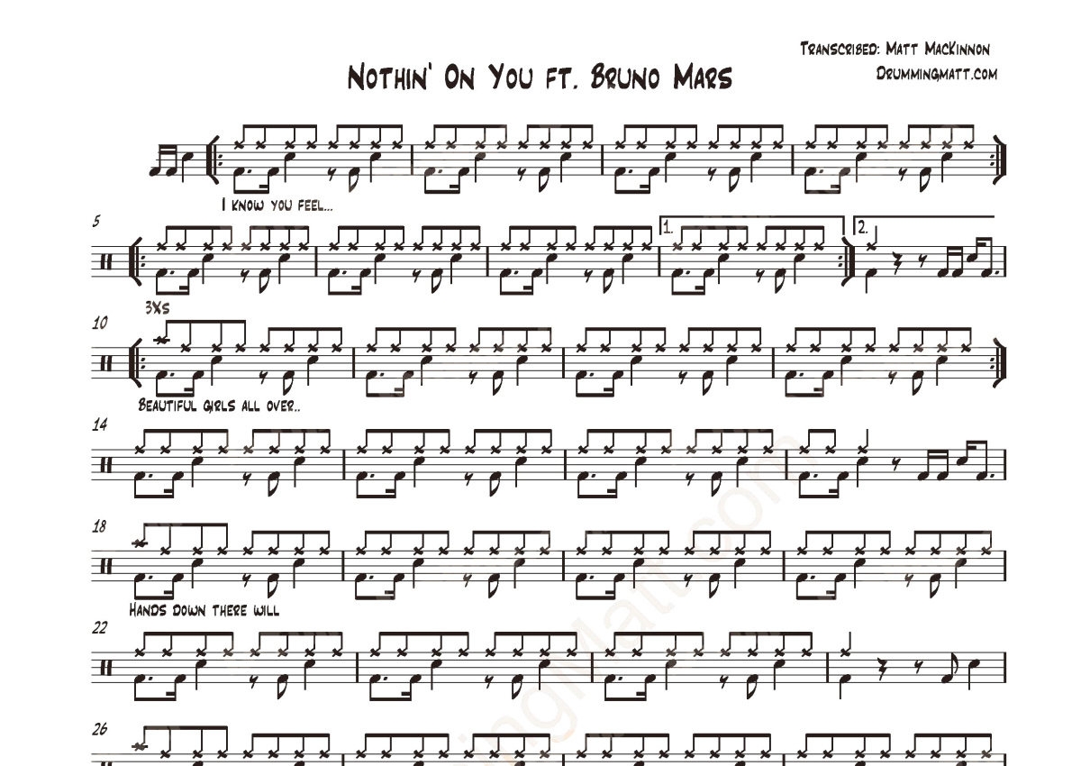 b.o.b ft bruno mars《nothin' on you FT. bruno mars》鼓谱_架子鼓谱第1张