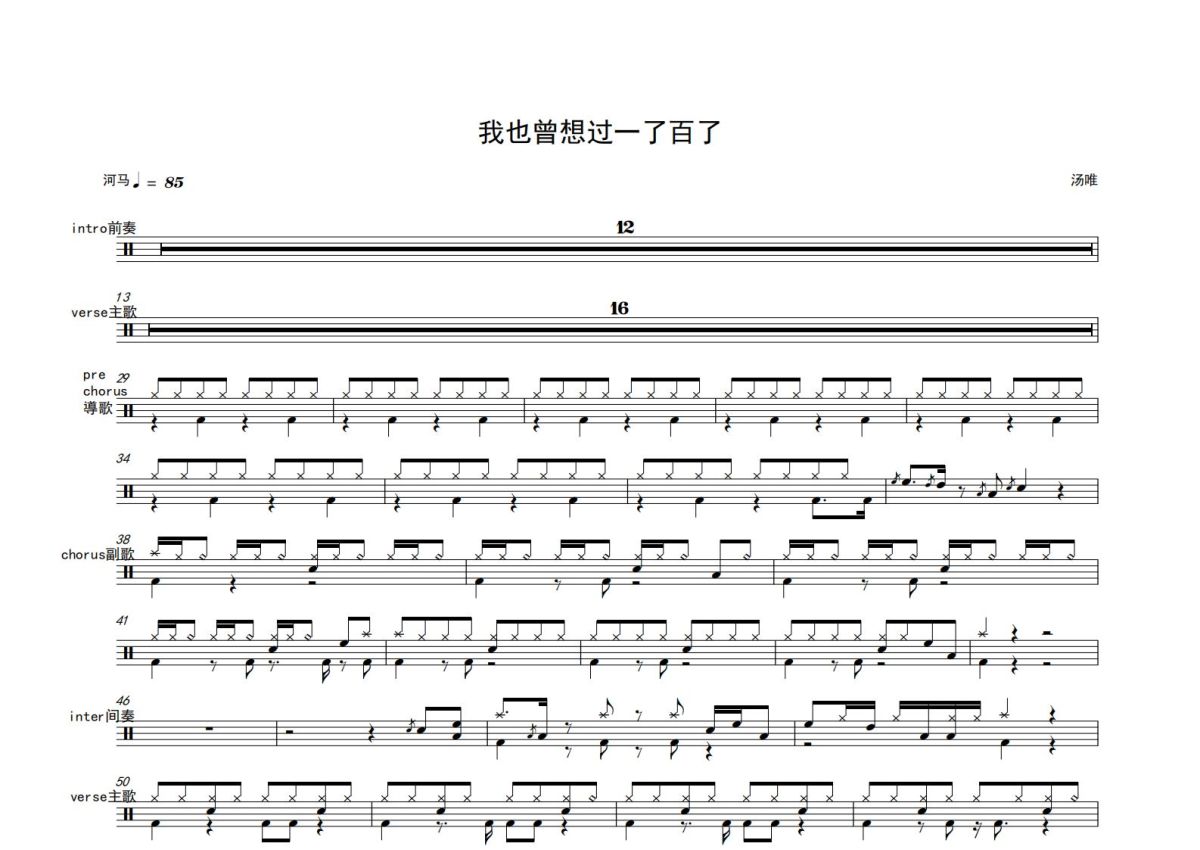 汤唯《我曾经也想过一了百了》鼓谱_架子鼓谱第1张