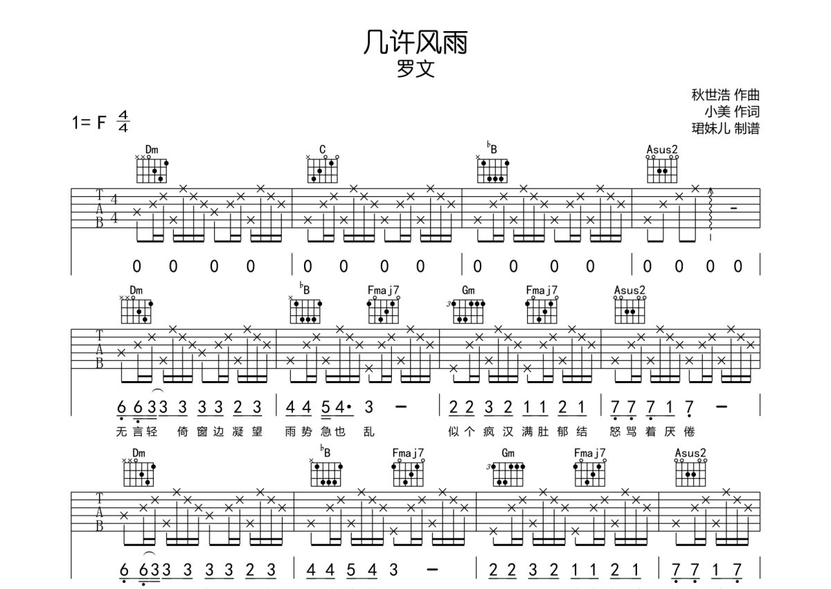 罗文《几许风雨》吉他谱_F调吉他弹唱谱第1张