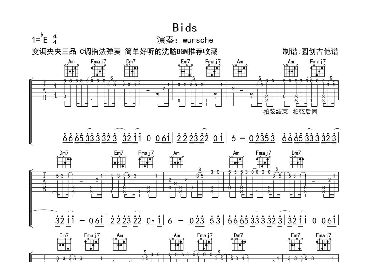 wunsche《Birds》吉他谱_C调吉他独奏谱_原版编配第1张