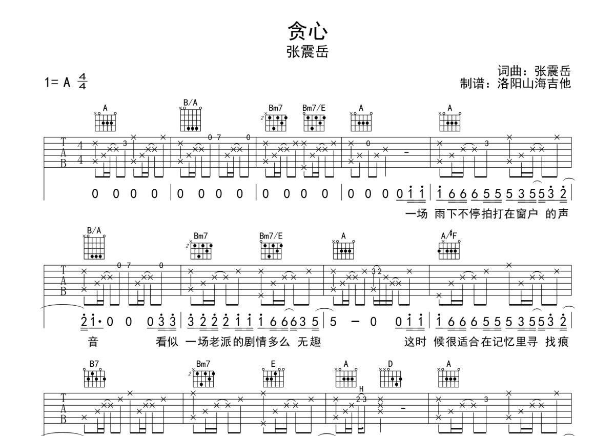 张震岳《贪心》吉他谱_A调吉他弹唱谱第1张