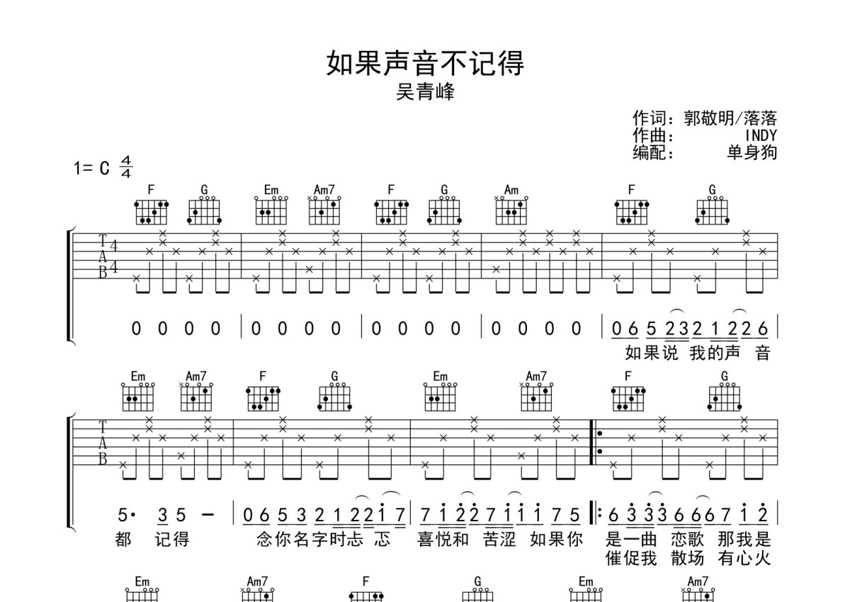 吴青锋《如果声音不记得》吉他谱_C调吉他弹唱谱第1张