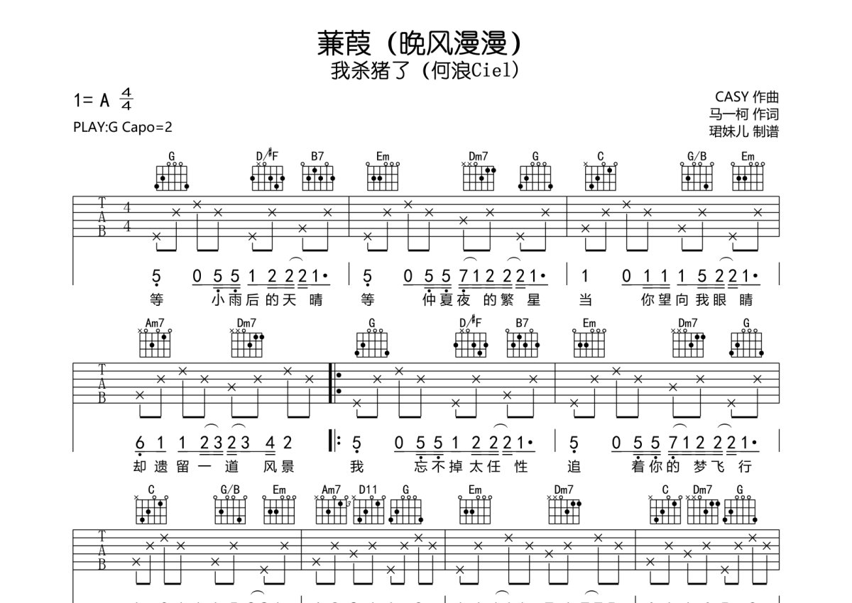 我杀猪了（何浪Ciel)《蒹葭（晚风漫漫）》吉他谱_G调吉他弹唱谱第1张